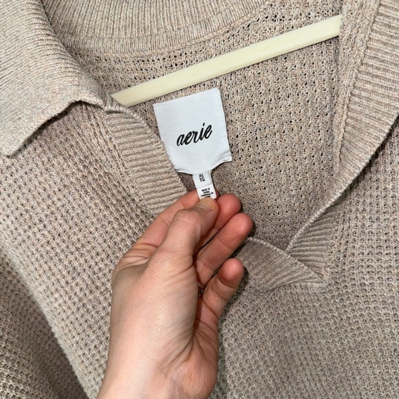Aerie CozyUp Waffle Polo Sweater beige long sleeve top tee heather fawn ribbed - Picture 3 of 8